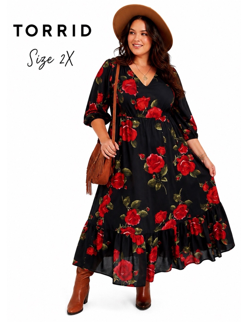 TORRID Black and Red Floral Print Maxi Dress - Picture 1 of 8